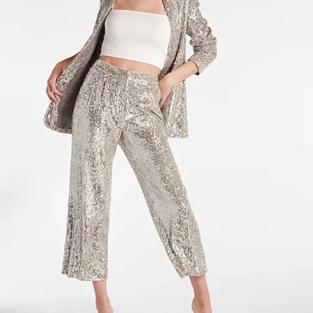 Express Silver Sequin Wide Leg Cropped Pants High Rise Small NWOT
